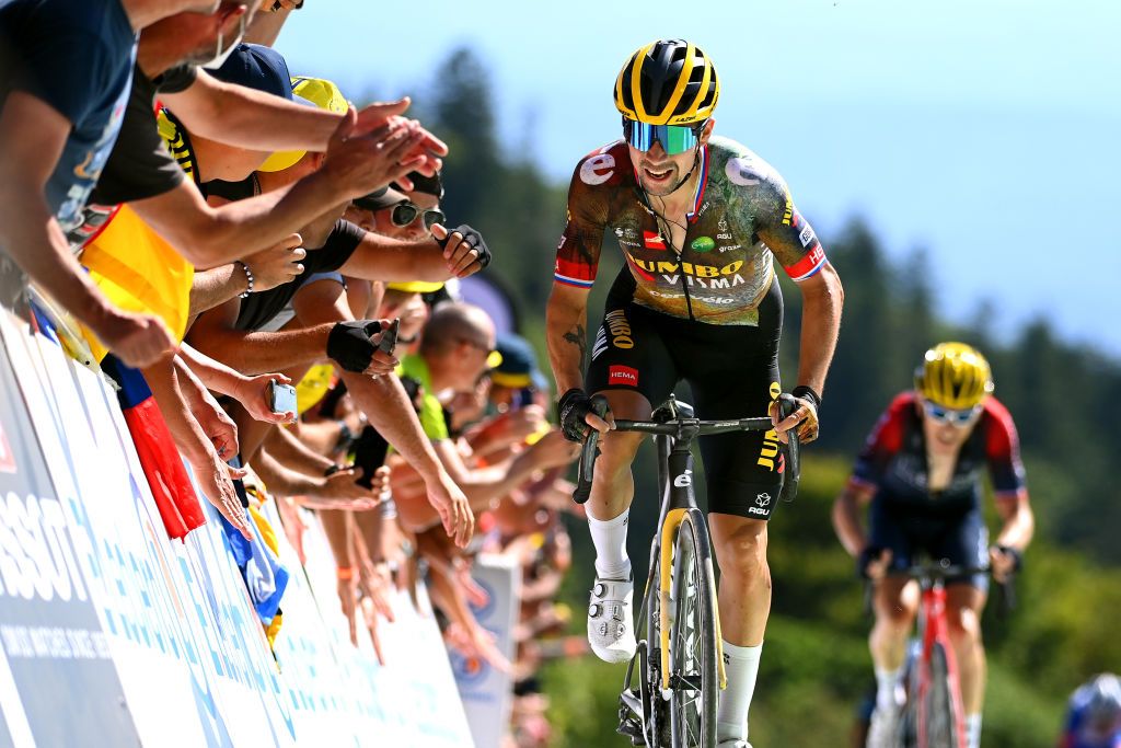 PLANCHE DES BELLES FILLES FRANCE JULY 08 Primoz Roglic of Slovenia and Team Jumbo Vismacrosses the finish line during the 109th Tour de France 2022 Stage 7 a 1763km stage from Tomblaine to La Super Planche des Belles Filles 1141m TDF2022 WorldTour on July 08 2022 in Planche des Belles Filles France Photo by Tim de WaeleGetty Images