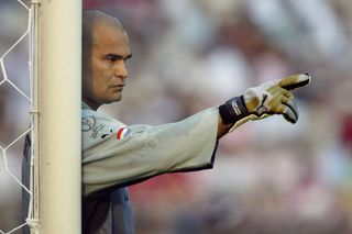 José Luis Chilavert in action for Paraguay against Spain at the 2002 World Cup.