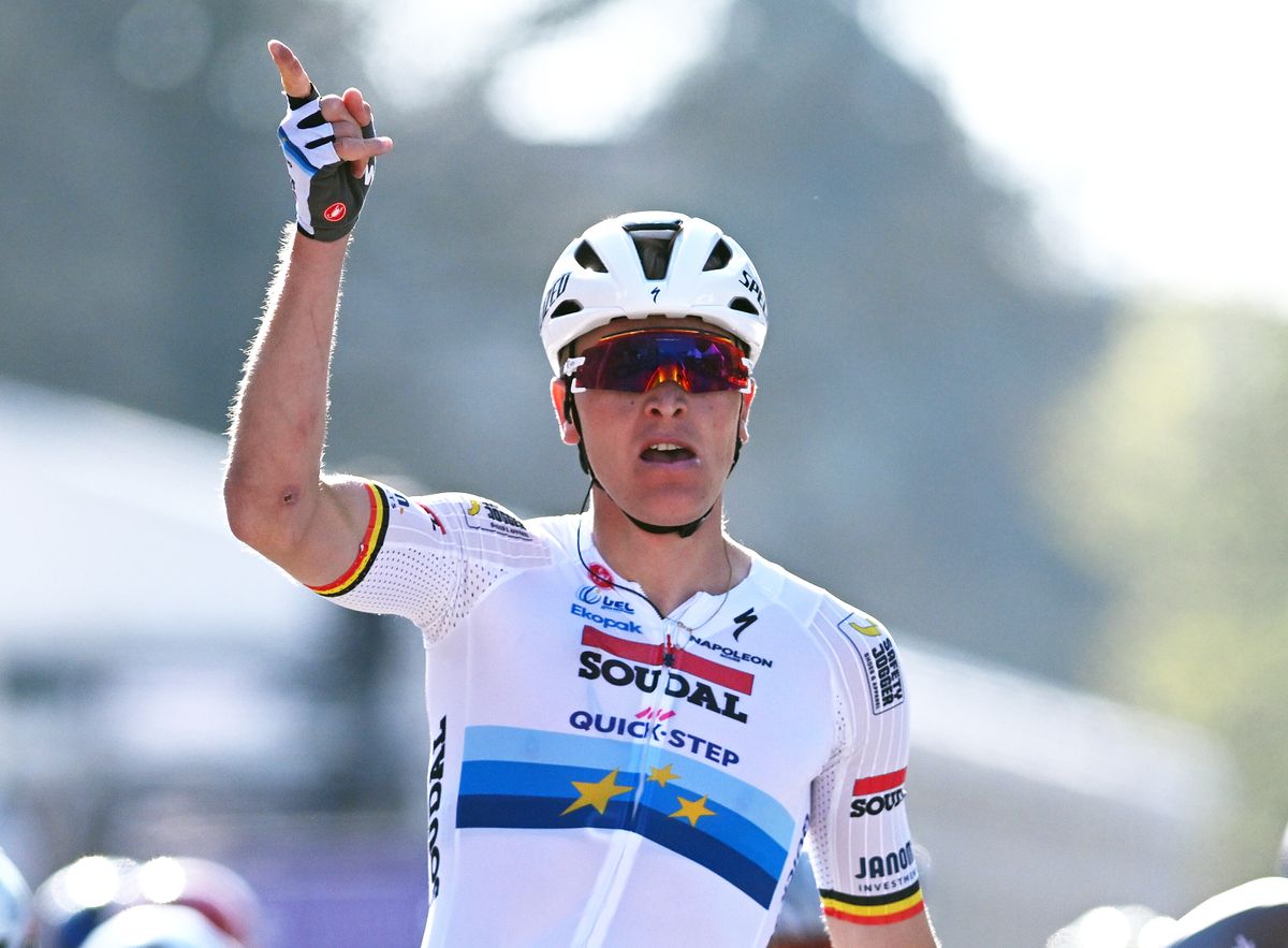 SCHOTEN, BELGIUM - APRIL 09: Tim Merlier of Belgium and Team Soudal Quick-Step celebrates at finish line as race winner during the 113th Scheldeprijs 2025 a 202.8km one day race from Terneuzen to Schoten / #UCIWT / on April 09, 2025 in Schoten, Belgium. (Photo by Luc Claessen/Getty Images)