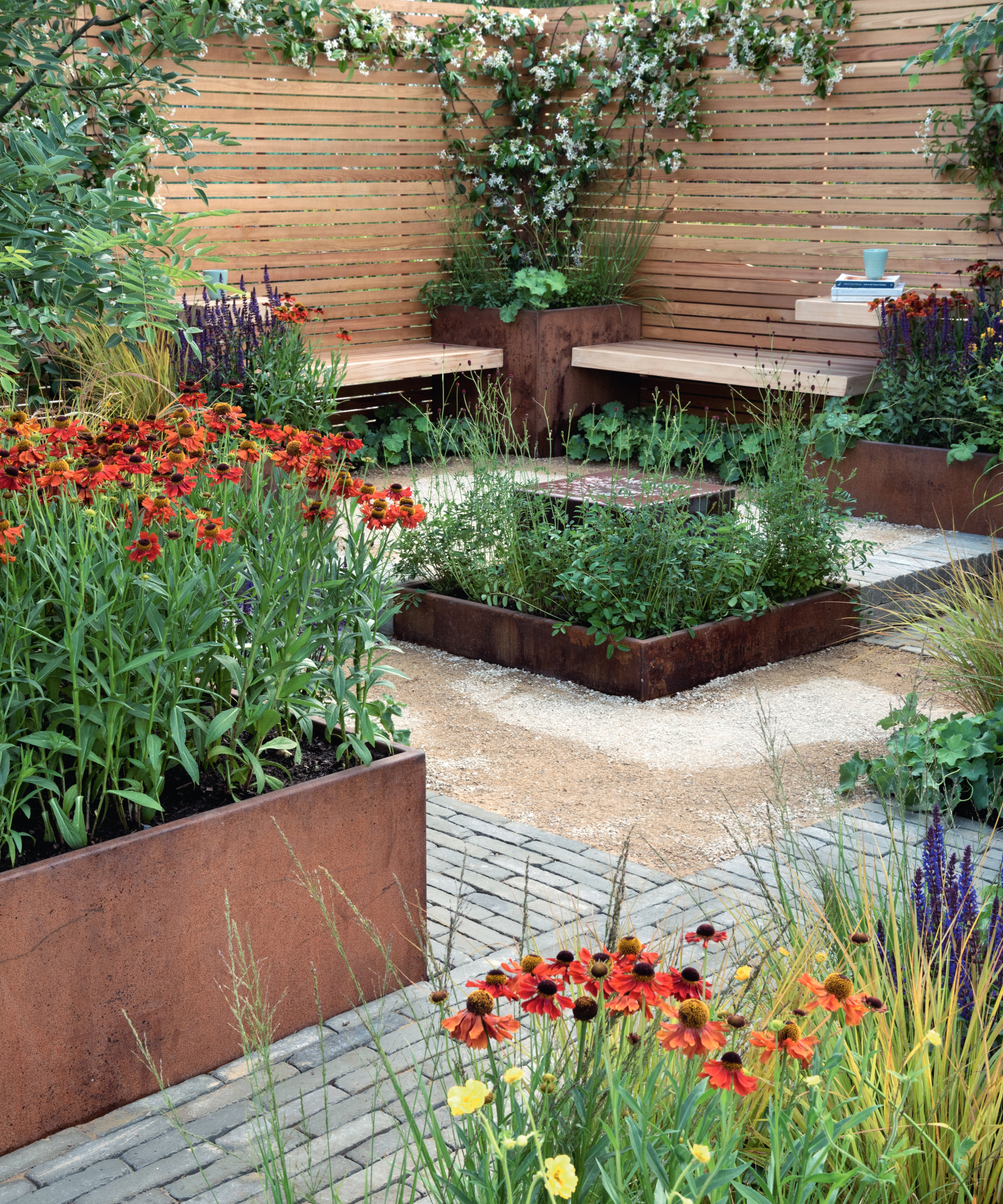 urban garden with corten steel planters