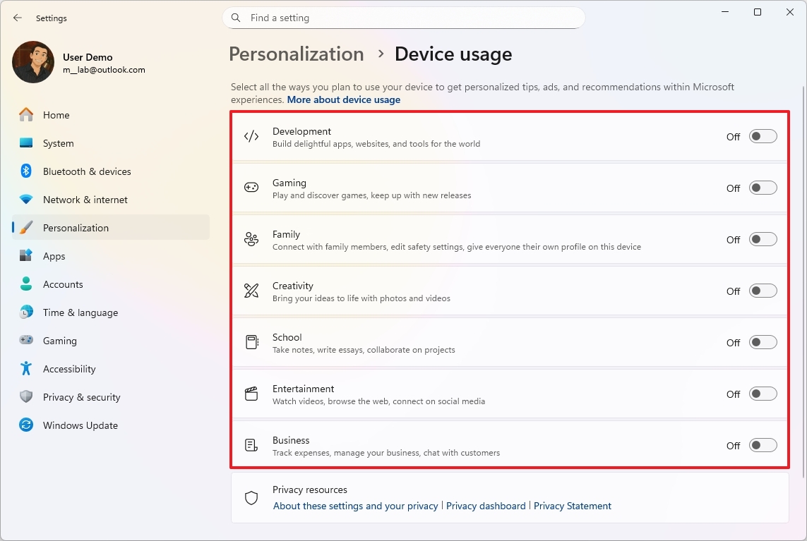 Disable Device Usage settings