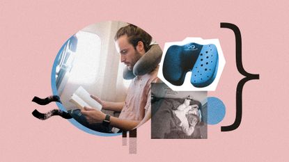 Photo collage of a travel cushion, a man using a travel pillow on an airplane, and a happy baby sleeping under a blanket on an airplane cot