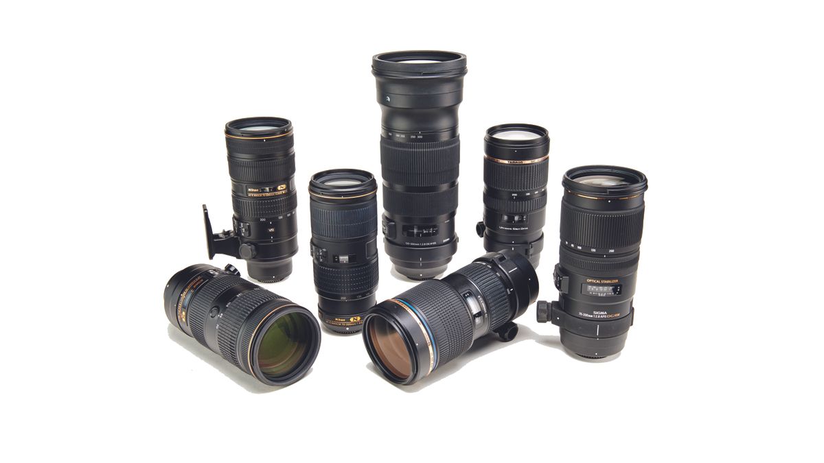 A group shot of Nikon telephoto lenses