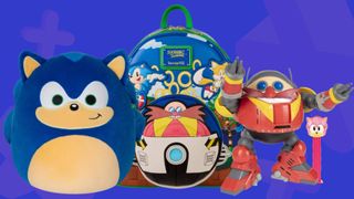 Image of a collection of Sonic the Hedgehog merch on a blue GamesRadar+ background.