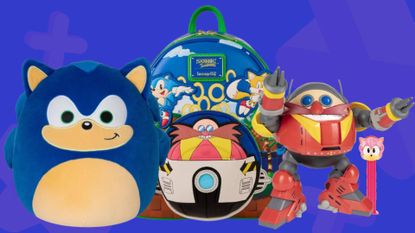 Image of a collection of Sonic the Hedgehog merch on a blue GamesRadar+ background.