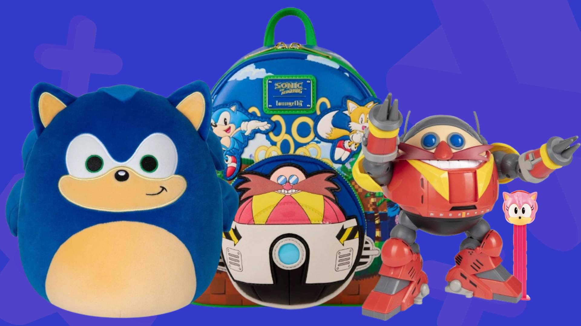 Image of a collection of Sonic the Hedgehog merch on a blue GamesRadar+ background.