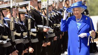 Queen Elizabeth II visits HMS Albion as patron, on the occasion of the 250th anniversary of The Marine Society and Sea Cadets, on July 14, 2006 in Greenwich, London.