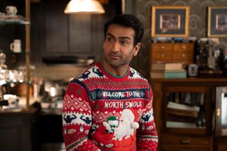 kumail nanjiani in a christmas sweater as rudy in only murders in the building season 4