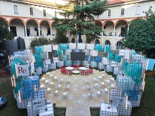 Drone photography of milanese palazzo courtyard with rossana orlandi guiltless plastic installation