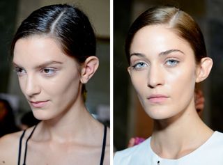 The model was given a silvery shimmery shadow Hair pulled back into low ponytails