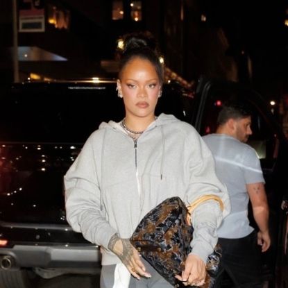 Rihanna wears gray sweats paired with a sold-out Louis Vuitton emblem bag covered in velvet and sequins