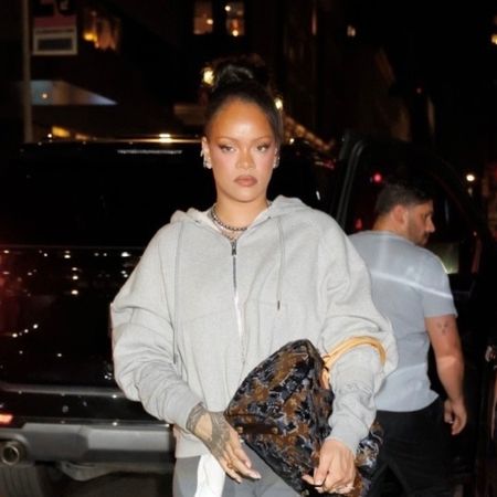 Rihanna wears gray sweats paired with a sold-out Louis Vuitton emblem bag covered in velvet and sequins