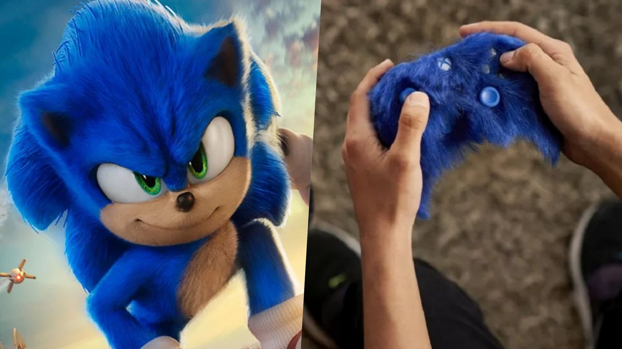 Sonic in Sonic the Hedgehog 2 movie and Xbox Wireless furry controller in Sonic blue