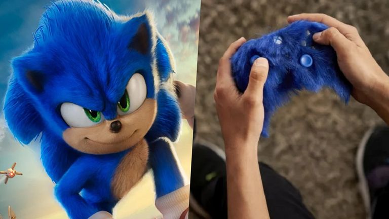 Sonic in Sonic the Hedgehog 2 movie and Xbox Wireless furry controller in Sonic blue