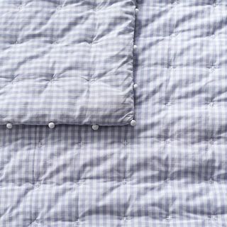 A close up of a blue and white gingham quilt