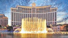 The front exterior of Bellagio Las Vegas with the fountains on