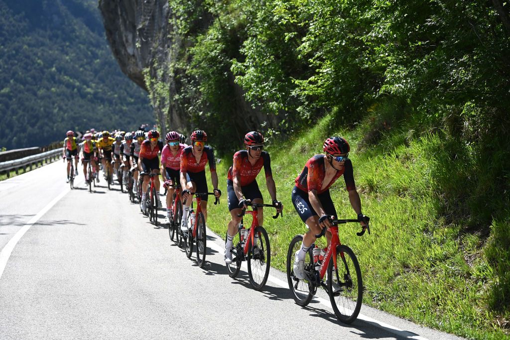 VAL DI ZOLDO PALAFAVERA ITALY MAY 25 LR Salvatore Puccio of Italy and Ben Swift of The United Kingdom and Team INEOS Grenadiers lead the peloton during the 106th Giro dItalia 2023 Stage 18 a 161km stage from Oderzo to Val di Zoldo Palafavera 1514m UCIWT on May 25 2023 in Val di Zoldo Palafavera Italy Photo by Tim de WaeleGetty Images