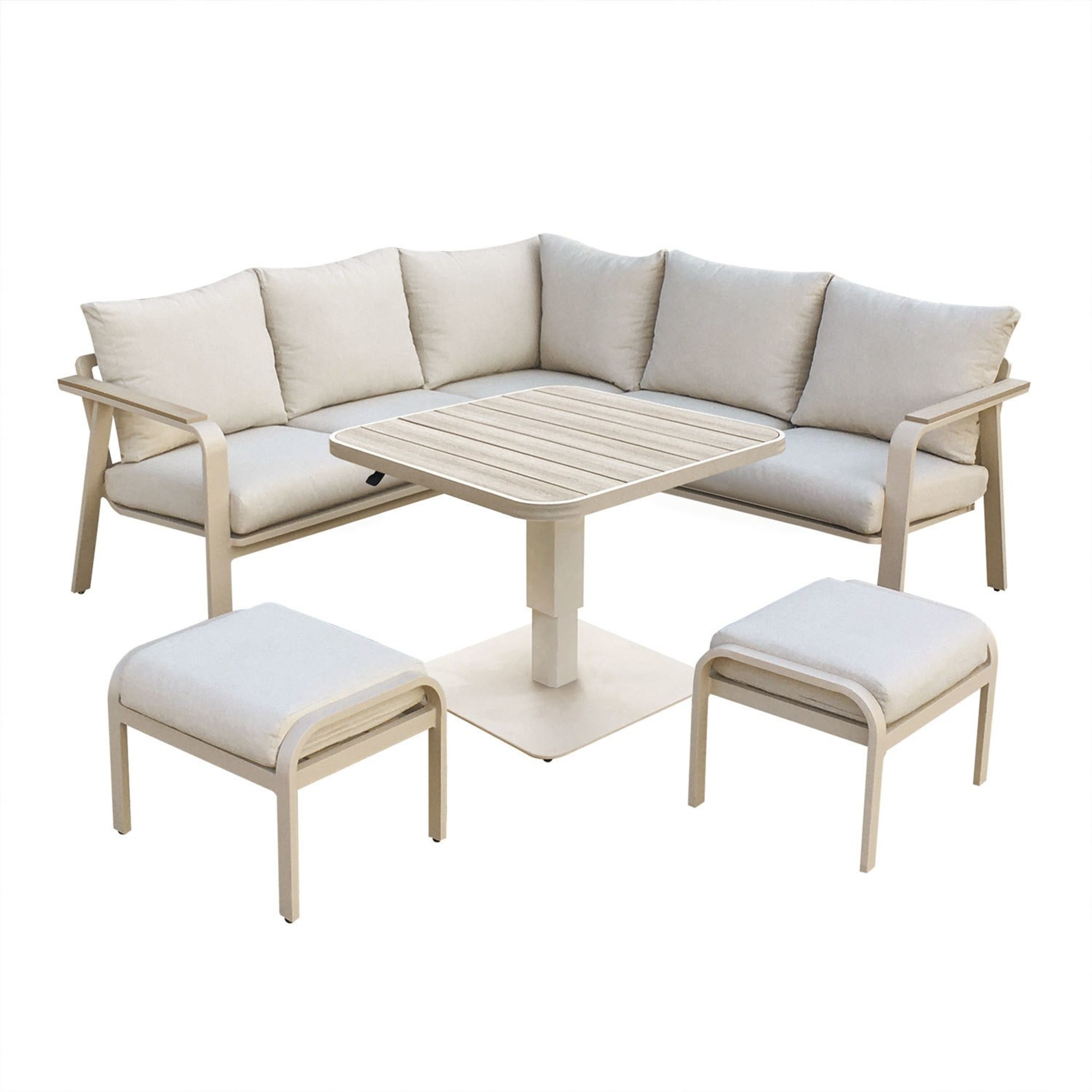 Furniture123 7 Seater Beige Aluminium Corner Garden Dining Set with Height Adjustable Table
