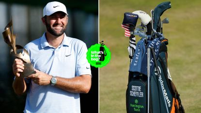 Scottie Scheffler holds the FedEx St. Jude Championship trophy, with a close up of his bag
