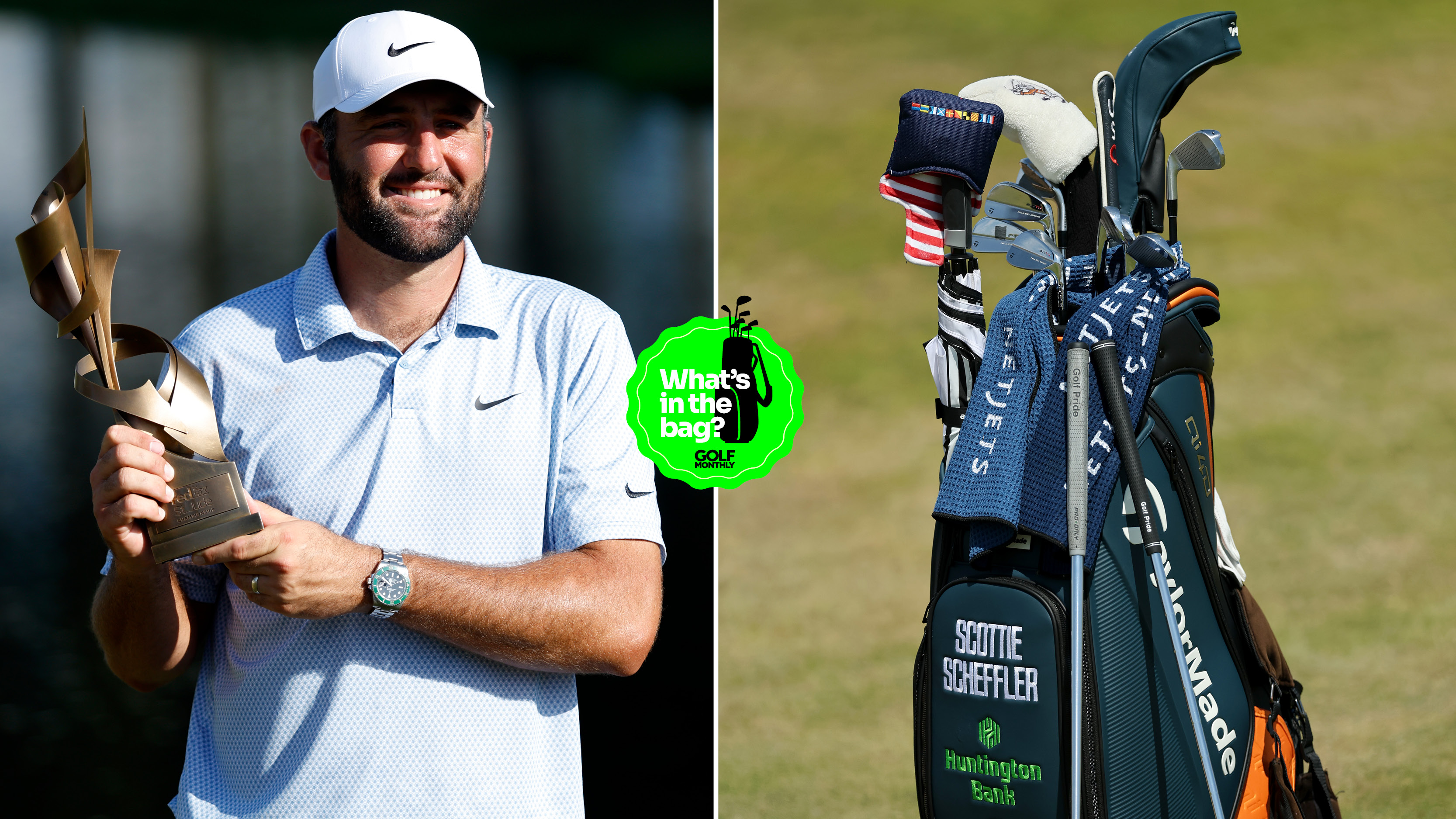 Scottie Scheffler holds the FedEx St. Jude Championship trophy, with a close up of his bag