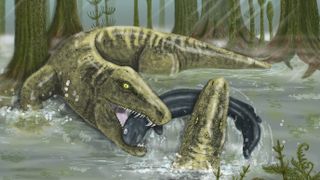 Whatcheeria deltae attacks in this artist's impression of the enormous ancient tetrapod.