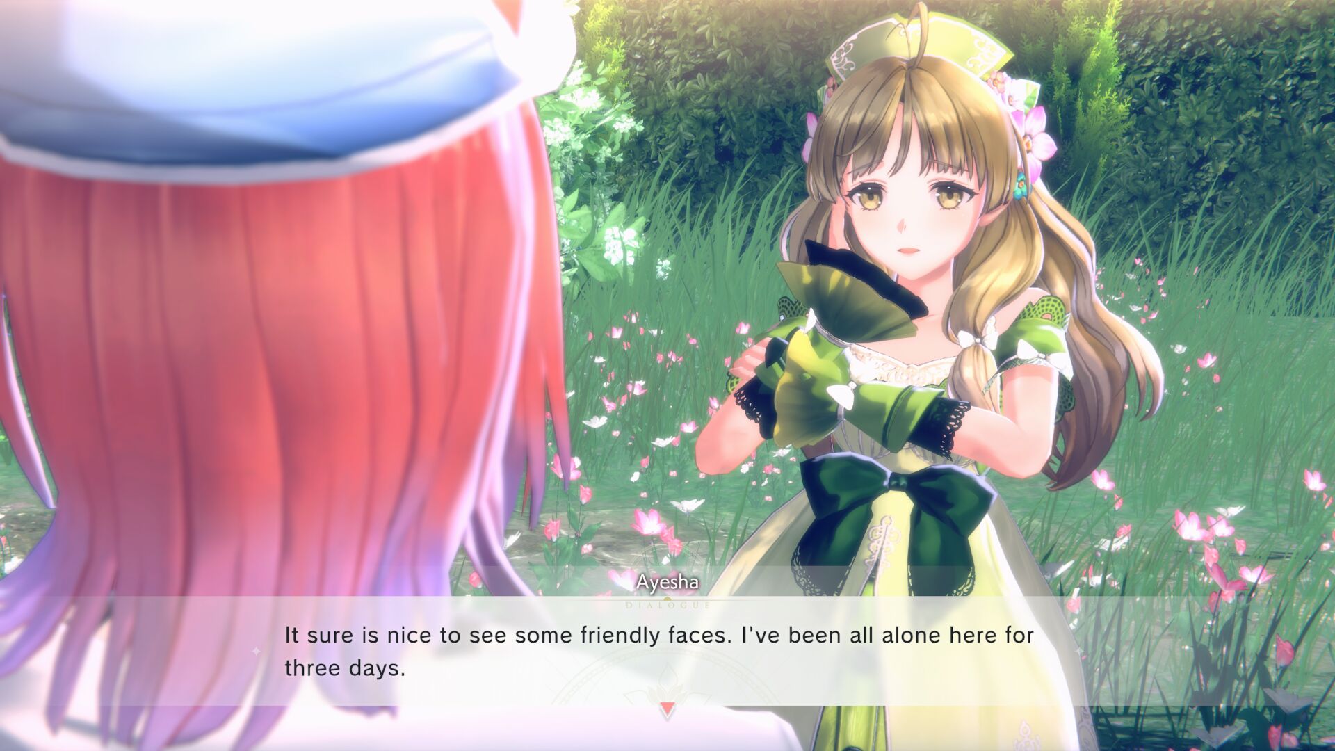 Ayesha meets Rias in a green garden in Atelier Resleriana: The Red Alchemist &amp;amp; The White Guardian