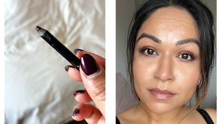 On the left, a close-up of Digital Beauty Editor, Aleesha Badkar holding the Victoria Beckham Beauty Satin Kajal Eyeliner in shade Cocoa and on the right, a picture of her wearing it on along her upper and lower lash line