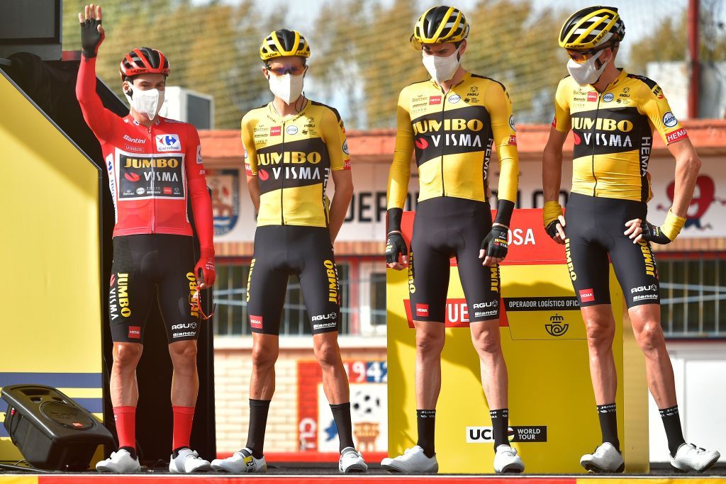 Team Jumbos Slovenian rider Primoz Roglic L waves before the 3rd stage of the 2020 La Vuelta cycling Tour of Spain a 1661 km race from Lodosa to La Laguna Negra on October 22 2020 Photo by ANDER GILLENEA AFP Photo by ANDER GILLENEAAFP via Getty Images