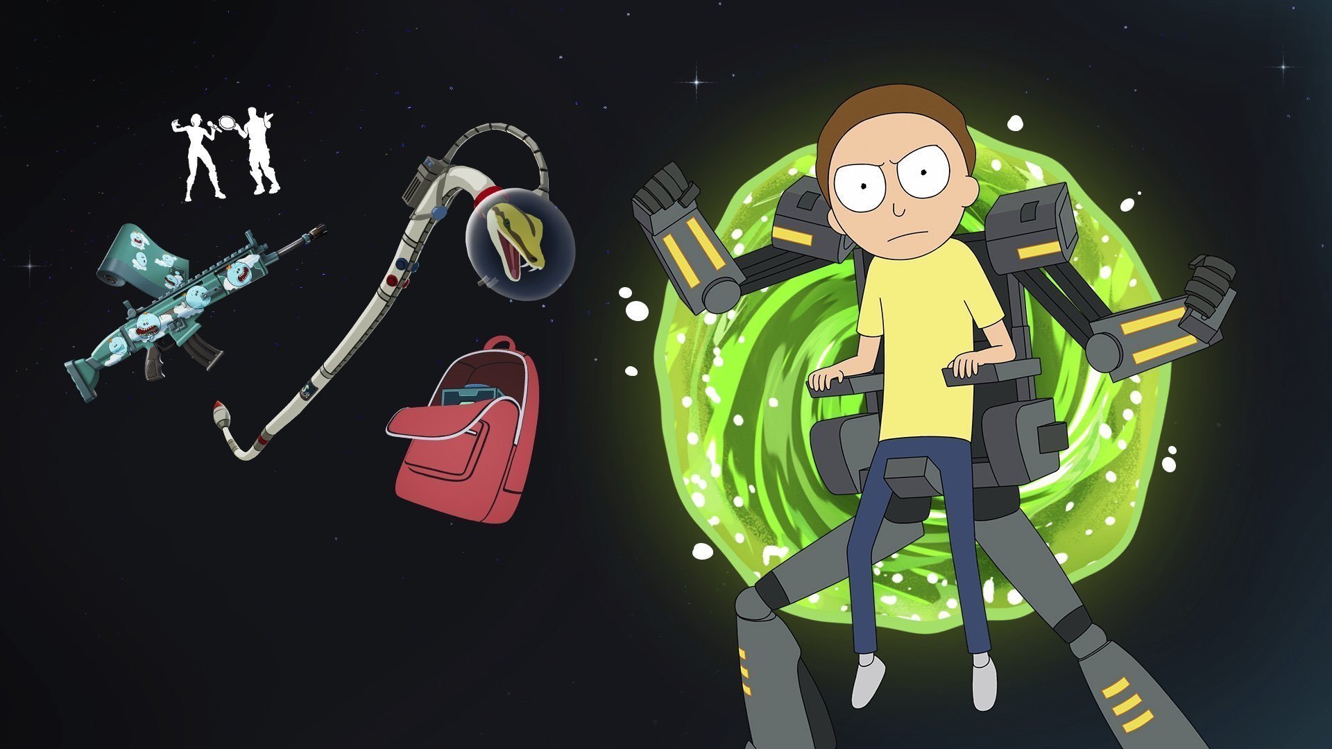 Morty in a mech suit, emerging through a portal; his backpack, space snake and the Schwifty emote appear next to him