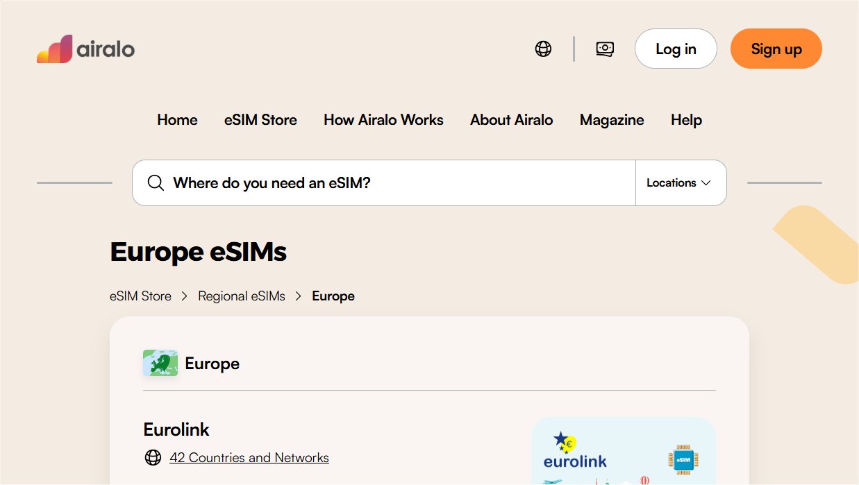 Airalo Europe website screenshot (October 2025).