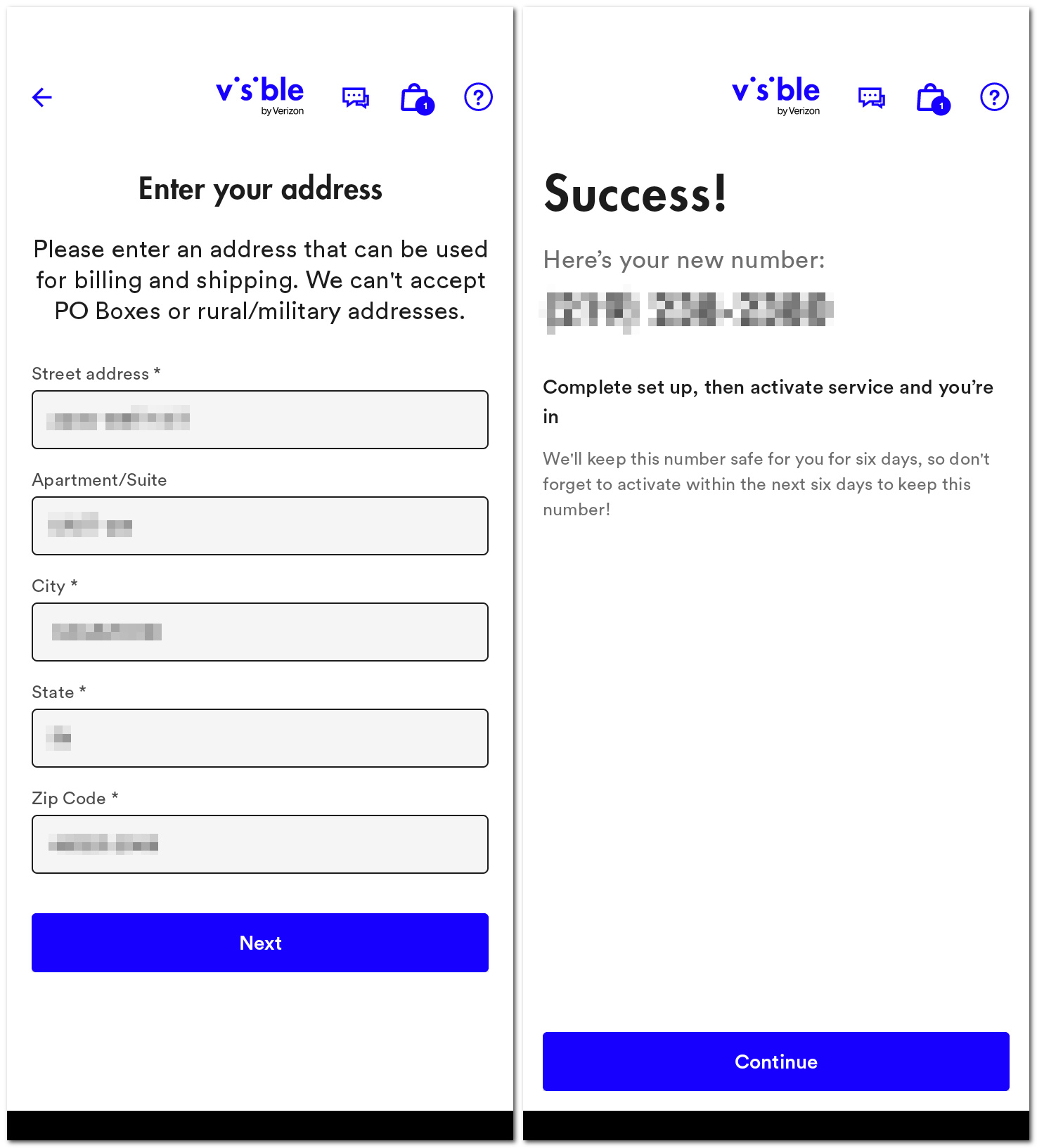 how to sign up for visible - step 5 - enter address and finalize number screens