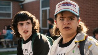 Finn Wolfhard as Mike Wheeler and Gaten Matarazzo as Dustin Henderson in STRANGER THINGS 4
