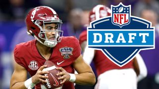 The NFL Draft logo appears in the corner of a photo of Bryce Young of the Alabama Crimson Tide, who is the current expected number 1 pick overall for the NFL Draft Live Stream