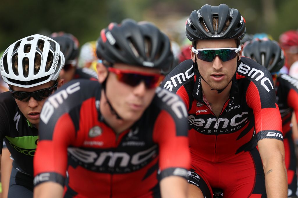 Taylor Phinney surrounded by hi BMC teammates