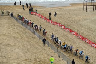 OOSTENDE BELGIUM JANUARY 31 Landscape Peloton Sand Beach Sea during the 72nd UCI CycloCross World Championships Oostende 2021 Men Elite UCICX CXWorldCup Ostend2021 CX on January 31 2021 in Oostende Belgium Photo by Luc ClaessenGetty Images