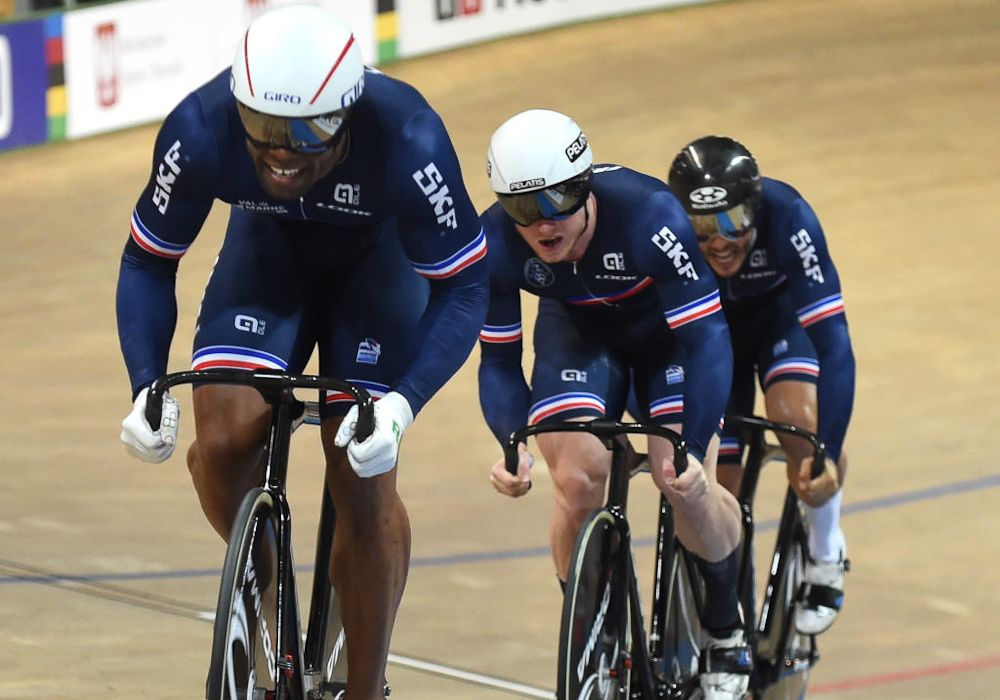 French team compete to win silver during the men's team sprint final at the UCI Track Cycling World Championship