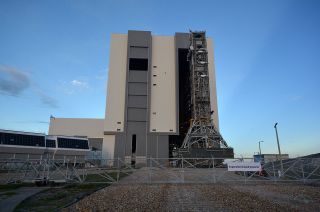After completing a 9-mile round trip to Launch Pad 39B and back, NASA's Space Launch System (SLS) mobile launcher entered the Vehicle Assembly Building (VAB) at Kennedy Space Center in Florida on Sept. 8, 2018.
