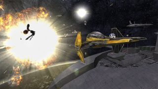 a wedge-shaped yellow spaceship zooms away from an explosion