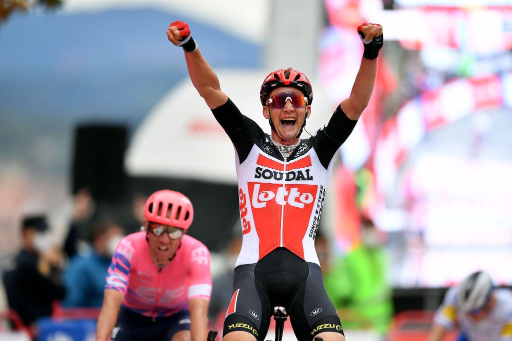 OURENSE SPAIN NOVEMBER 04 Arrival Tim Wellens of Belgium and Team Lotto Soudal Celebration Michael Woods of Canada and Team EF Pro Cycling during the 75th Tour of Spain 2020 Stage 14 a 2047km stage from Lugo to Ourense lavuelta LaVuelta20 La Vuelta on November 04 2020 in Ourense Spain Photo by Justin SetterfieldGetty Images
