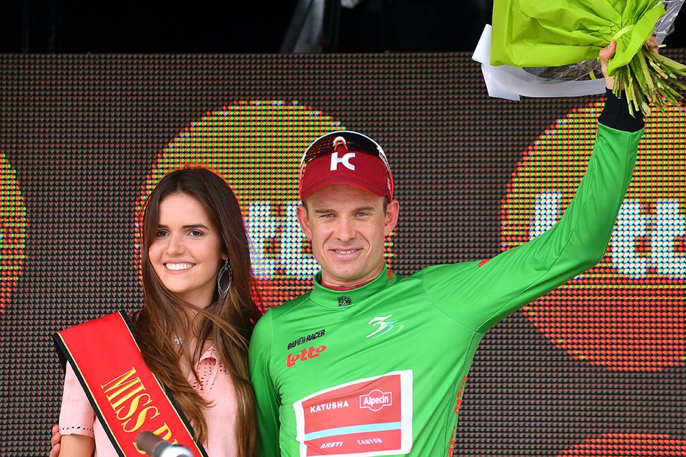 Aleaxnder Kristoff in green at the Three days of De Panne after winning stage 2