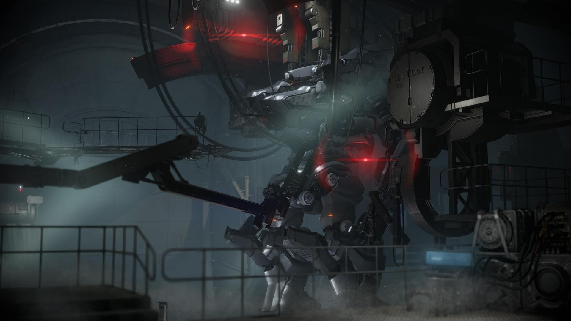 A mech in a hangar with ominous red lighting