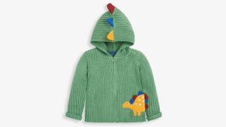 A green baby cardigan with dinosaur details on a white background
