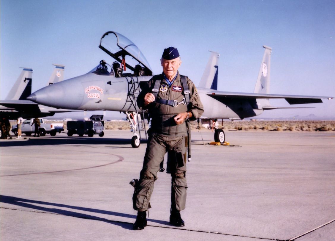  Brigadier General Charles E. &quot;Chuck&quot; Yeager standing in front of his F-15 Eagle on the 50th Anniversary of his becoming the first man to break the speed of sound in October 1997.