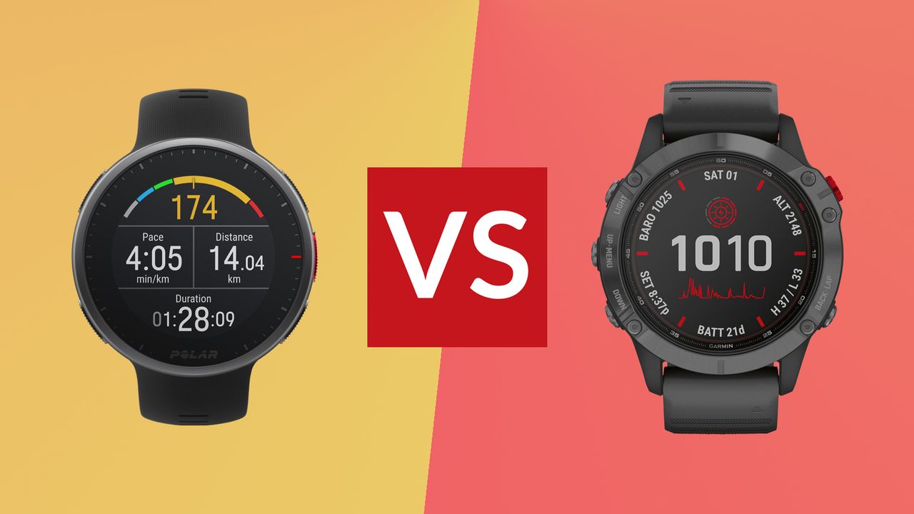 Polar Vantage V2 vs Garmin Fenix 6 Pro: shown here is the Vantage V2 on yellow background (left) and the Fenix 6 Pro on a pinkish background (right)