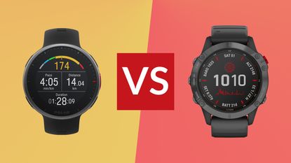 Polar Vantage V2 vs Garmin Fenix 6 Pro: shown here is the Vantage V2 on yellow background (left) and the Fenix 6 Pro on a pinkish background (right)