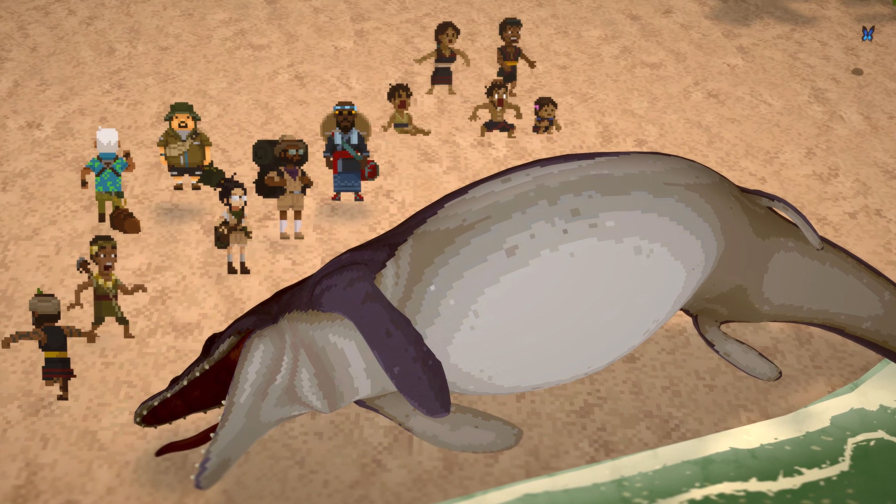 Dave the Diver and villagers looking at dead sea monster