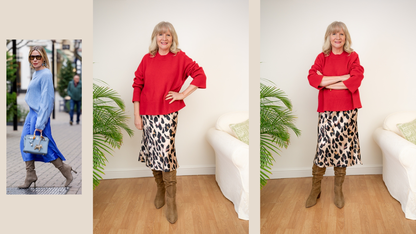 Street style influencer and Julie Player wearing a satin skirt with a jumper and boots