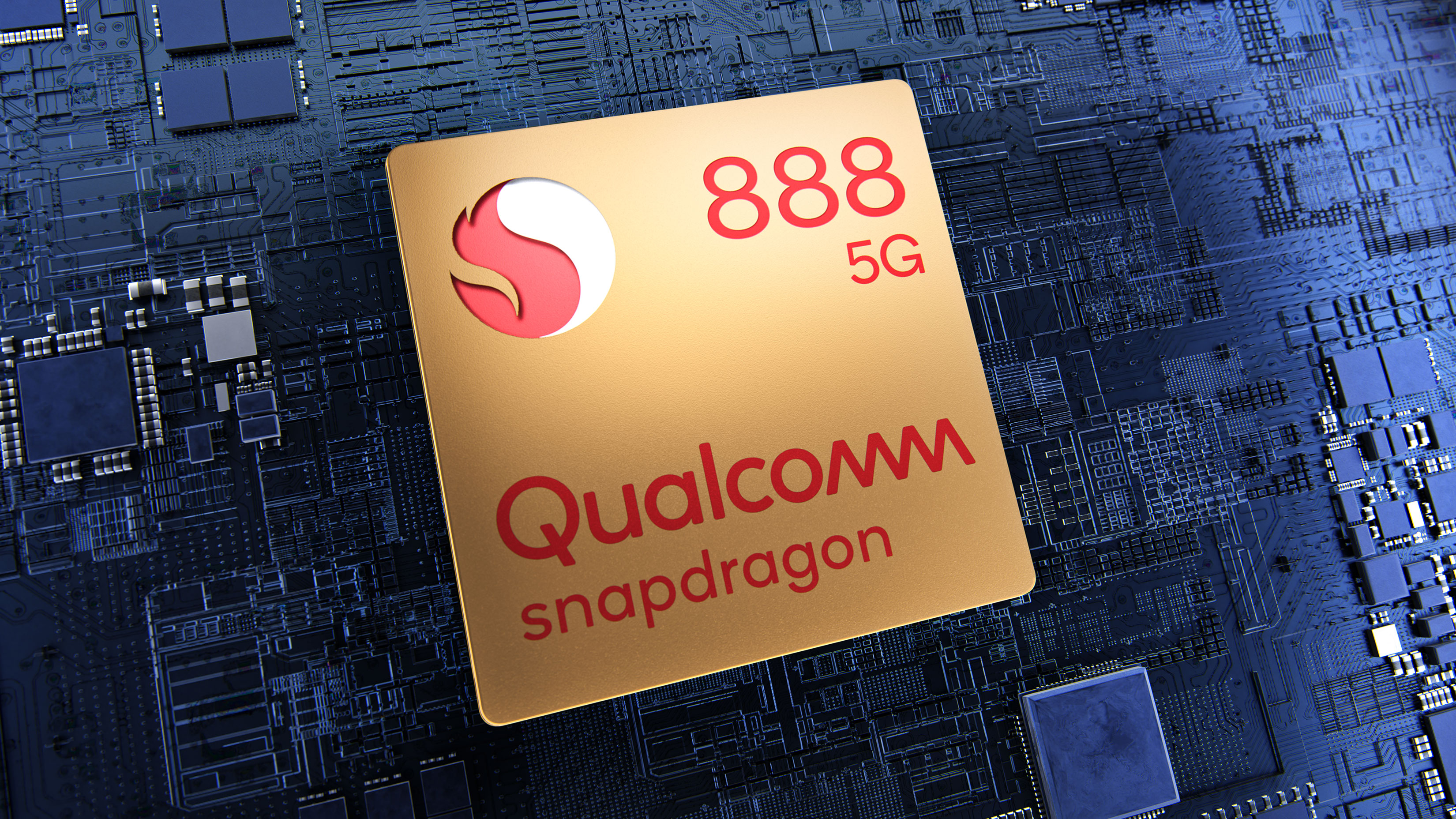 An image of a circuit board and a Snapdragon 888 logo