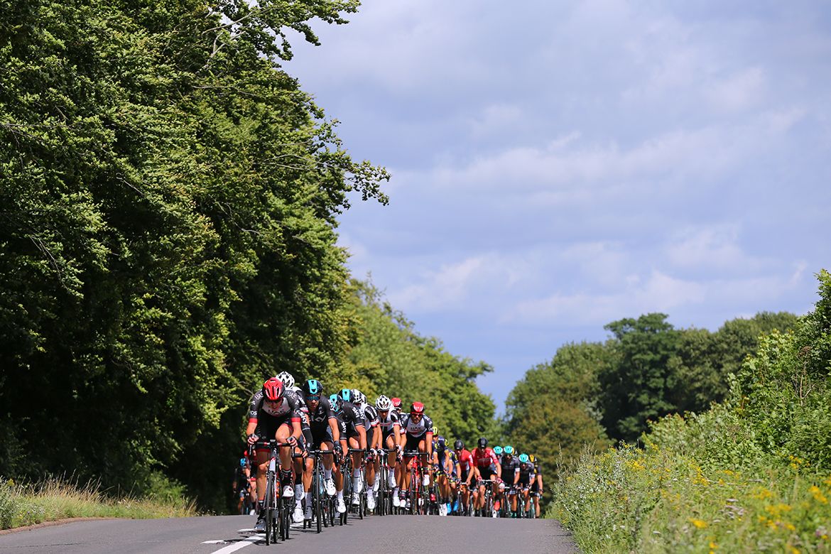 The pack riding through countryside at the RideLondon Classic