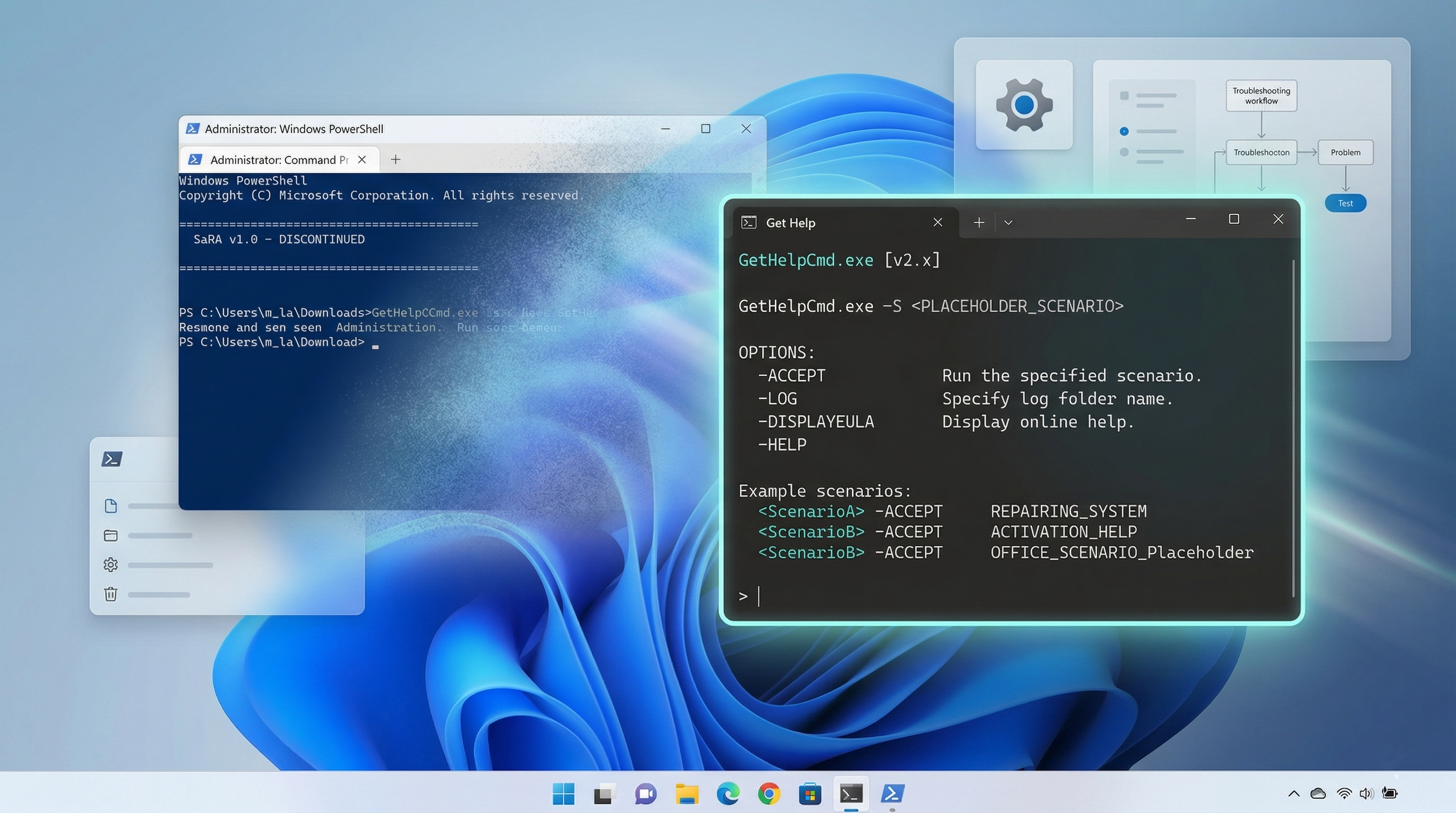 Collage of Get Help command and Windows 11 windows 